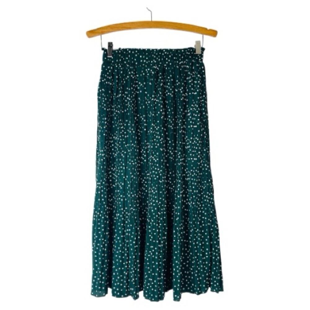 Green white polka dot pleat midi to maxi preppy cottagecore skirt small